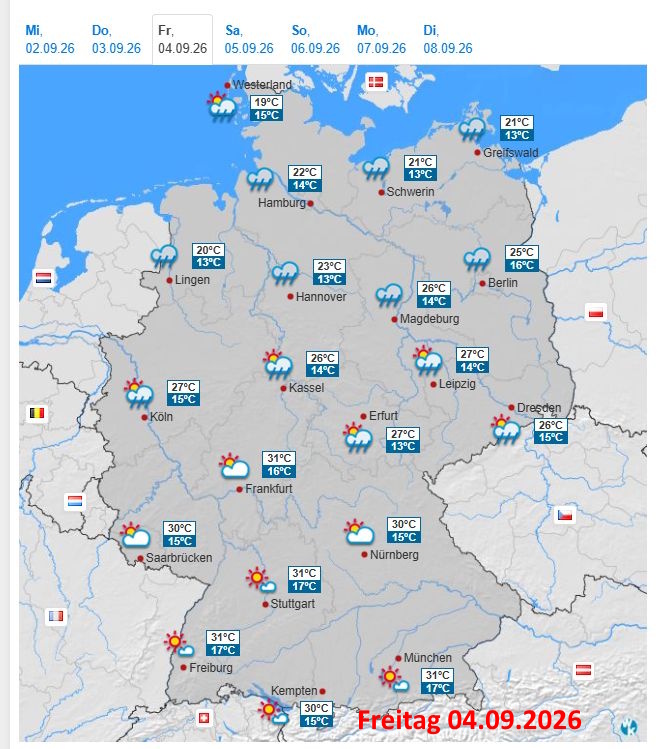 WetterKontor's tweet photo. Am Freitag regnet es im Norden Deutschlands durch Tief Vilja längere Zeit und gebietsweise auch kräftig, im Süden kommt noch einmal für einen Tag die Sommer-Hitze zurück: https://t.co/WPwDJUZROW https://t.co/7Pzy8bRhix
#Wetter #Deutschland #Tief #Vilja #Starkregen #Hitze #Sommer https://t.co/hXcVS2nSPL