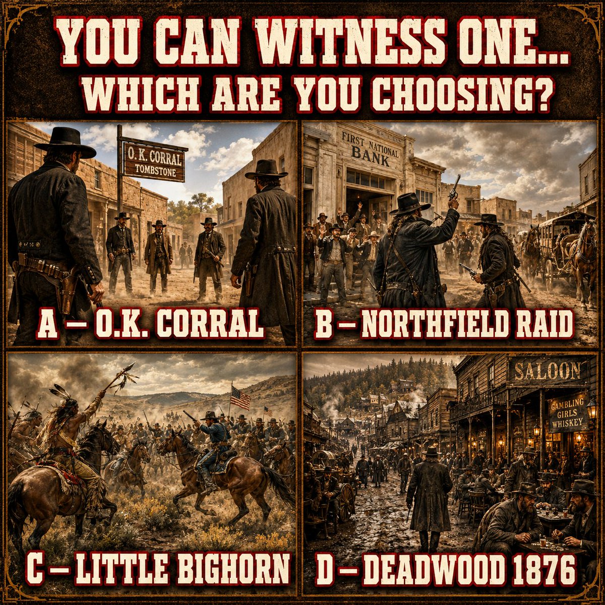 AmericaUntoldYT's tweet photo. If you could travel back and witness 1 moment from the Wild West with your own eyes… which would you choose? 🤠

A - The Gunfight at the O.K. Corral
B - The Northfield Bank Raid
C - The Battle of the Little Bighorn
D - Deadwood in its lawless 1876 heyday

👇 Let me know. https://t.co/TmaeHRMODG