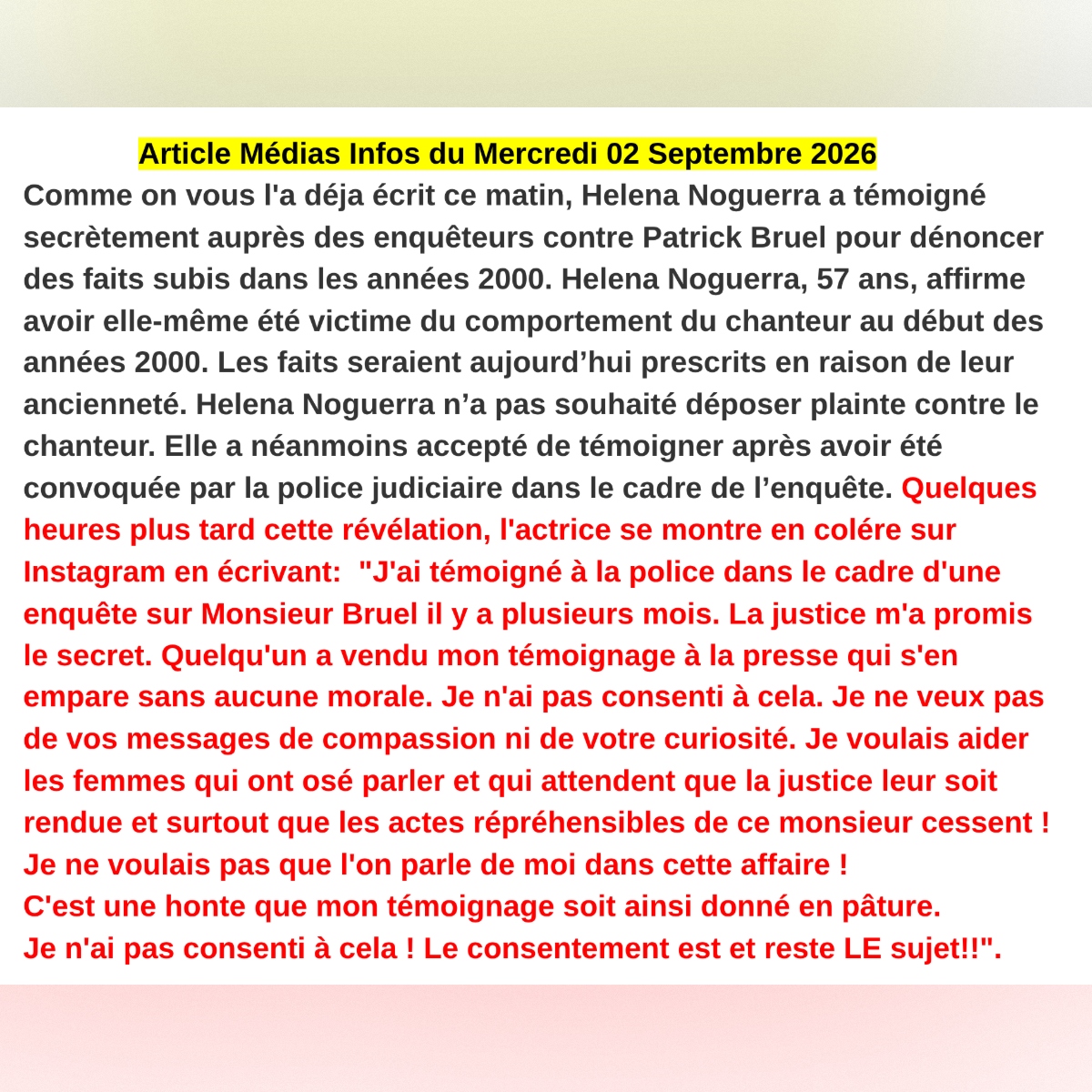 Mediasinfos's tweet photo. Suite à la révélation de son témoignage à la police contre Patrick Bruel, Helena Noguerra en colére vient de réagir sur Instagram: "La justice m'a promis le secret. Quelqu'un a vendu mon témoignage à la presse". Retrouvez notre article ci-dessous. https://t.co/wSRHRf35sr