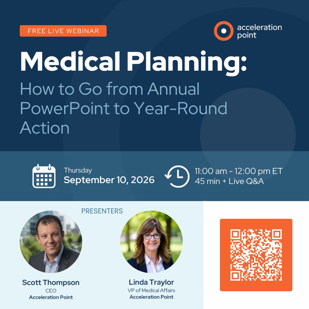 accel_point's tweet photo. A lot of sessions talk about medical planning. This webinar is different.

Medical Planning: How to Go from Annual PowerPoint to Year-Round Action on September 10th is built around the real constraints Medical Affairs leaders face every year.

Scott Thompson and Linda Traylor are structuring the session around four practical moves:
🔸 Define the outcome on a scale you can read — the product, the patient profile, the specific clinical decision
🔸 Say what the measure conveys, and what it doesn’t — so your team gets credit without over-claiming it
🔸 Translate it into a language commercial and executives don't just approve, but reference
🔸 Build the year-round rhythm — so the plan is a document of direction, not a document of record

60 minutes. Free. Highly interactive. Tools you can bring into your 2027 planning immediately.
📅 September 10th | 11:00 AM ET

Registration now open👇
https://t.co/I7FDKZJeaF

#MedicalAffairs #MedicalPlanning #MedicalStrategy #MedicalExcellence #Pharma #LifeSciences