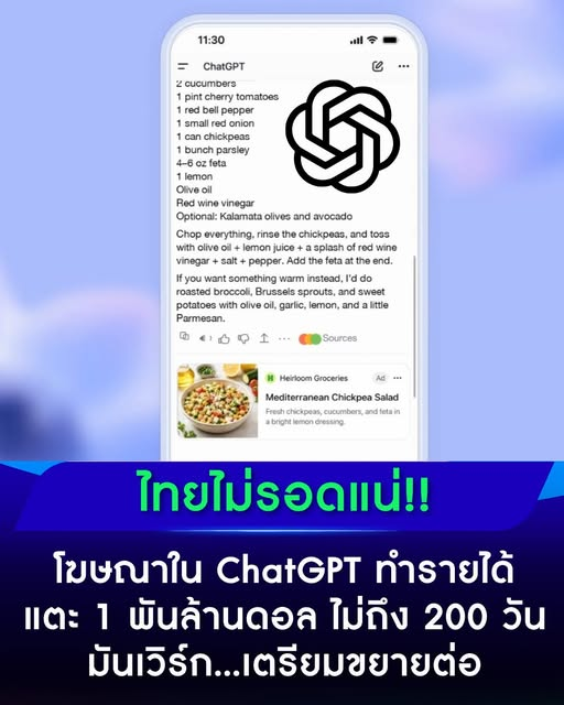 KanidthaO's tweet photo. ‼️ โฆษณาใน ChatGPT ทำรายได้แตะ 1 พันล้านดอล ในเวลาไม่ถึง 200 วัน  [ไทยไม่รอดแน่!!]
.
OpenAI ประกาศว่า ChatGPT Ads ธุรกิจโฆษณาบน ChatGPT ทำรายได้แตะระด���บ $1 พันล้านต่อปีในรูปแบบ Annualised Revenue Run Rate ภายในเวลาไม่ถึง 200 วันหลังเปิดตัว
.
ตอนนี้มีผู้ลงโฆษณาใช้งานแพลตฟอร์มแล้ว หลายหมื่นราย และ ChatGPT Ads เปิดให้บริการแล้วใน มากกว่า 40 ประเทศ [ยังไม่มีไทย 🇹🇭]
==============================
ล่าสุด OpenAI กำลังขยายระบบ Self-Service Ads ให้ธุรกิจสามารถซื้อโฆษณาได้ด้วยตัวเองผ่าน Ads Manager โดยเริ่มเปิดใน อินเดีย ยุโรป ตะวันออกกลาง และแอฟริกาเหนือ
.
เดิม ChatGPT Ads ใช้โมเดลที่ต้องผ่านทีมขายของ OpenAI เอเจนซี หรือพาร์ตเนอร์เป็นหลัก แต่การเปิด Ads Manager ทำให้ธุรกิจ โดยเฉพาะ SMB และ Startup สามารถเข้ามา��ื้อโฆษณาเองได้ง่ายขึ้น
.
OpenAI เปิด Ads Manager ตั้งแต่เดือนพฤษภาคม และตอนนี้ธุรกิจขนาดเล็กและขนาดกลางก็คิดเป็นสัดส่วนที่มีนัยสำคัญของรายได้จากโฆษณาแล้ว
.
ขณะเดียวกัน รายได้จากผู้ลงโฆษณานอกสหรัฐฯ ก็กำลังเพิ่มขึ้น และลูกค้ารายใหญ่จำนวนมากเริ่มทำแคมเปญพร้อมกันในหลายประเทศ
ฝั่งระบบนิเวศของ ChatGPT Ads เองก็ขยายตัวตามไปด้วย ปัจจุบันมี พาร์ตเนอร์ด้านเทคโนโลยีและการวัดผลมากกว่า 50 ราย
==============================
แล้วโฆษณาบน ChatGPT จะทำงานยังไง?
📌สิ่งที่ OpenAI มองว่าน่าสนใจคือ คนไม่ได้เข้ามา ChatGPT แบบไม่มีเป้าหมาย
หลายคนเข้ามาพร้อมกับการตัดสินใจบางอย่างอยู่แล้ว
- บางคนกำลังเลือกซอฟต์แวร์สำหรับธุรกิจ
- บางคนกำลังวางแผนรีโนเวตบ้าน
- บางคนกำลังหางานใหม่
- บางคนกำลังเปรียบเทียบสินค้าเพื่อเตรียมซื้อ
ChatGPT จึงไม่ได้เป็นเพียงพื้นที่สำหรับ “ค้นหาคำตอบ”
แต่กำลังกลายเป็นพื้นที่ที่คน ค้นหา → เปรียบเทียบ → ตัดสินใจ อยู่ในบทสนทนาเดียว
OpenAI จึงต้องการให้โฆษณาเข้าไปอยู่ในช่วงเวลานั้น โดยระบบสามารถใช้ บริบทของบทสนทนาปัจจุบัน เพื่อเลือกโฆษณาที่เกี่ยวข้องกับสิ่งที่ผู้ใช้กำลังสนใจ
และขึ้นอยู่กับประเทศและการตั้งค่าของผู้ใช้ ระบบอาจนำบริบทจากการใช้งาน ChatGPT ในภาพรวม รวมถึงความสนใจและความชอบที่ผู้ใช้อนุญาตให้ใช้ มาใช้ในการปรับโฆษณาด้วย
==============================
📌 แต่ OpenAI ยืนยันหลักการสำคัญว่า
โฆษณาจะถูกติดป้ายอย่างชัดเจนและแยกออกจากคำตอบของ ChatGPT
โฆษณา ไม่มีอิทธิพลต่อคำตอบที่ ChatGPT ให้ผู้ใช้ และผู้ลงโฆษณาจะไม่สามารถเข้าถึงบทสนทนาส่วนตัวของผู้ใช้ได้
ผู้ใช้ยังสามารถควบคุมได้ว่าประสบการณ์โฆษณาของตัวเองจะถูกปรับให้เหมาะสมมากน้อยแค่ไหน
ระบบโฆษณาก็เริ่มครบเครื่องขึ้นเรื่อย ๆ 
OpenAI ไม่ได้หยุดแค่การนำโฆษณามาแสดง แต่กำล���งพัฒนาระบบหลังบ้านสำหรับนักโฆษณาด้วย
ตอนนี้แคมเปญส่วนใหญ่ใช้การประมูลแบบ CPC และ Outcome-Optimised Bidding
มีทั้ง Pixel และ Conversions API สำหรับส่งข้อมูล Conversion กลับไปวัดผลและช่วยปรับแคมเปญ
รวมถึงเครื่องมืออย่าง
▫️ Product Feeds สำหรับซิงก์ข้อมูลสินค้า
▫️Platform & Geographic Targeting สำหรับเลือกอุปกรณ์และพื้นที่
▫️ Custom Audiences สำหรับเข้าถึงกลุ่มลูกค้าเดิม
ทั้งหมดนี้ช่วยให้นักโฆษณาสามารถเลือกกลุ่มลูกค้าที่ต้องการได้ละเอียดขึ้น

และ OpenAI ระบุว่าระบบเริ่มเห็นผลจริงแล้ว
มีผู้ลงโฆษณาอีคอมเมิร์ซรายหนึ่งทำ ROAS ได้ 3 เท่าในช่วง 28 วัน

ขณะที่พาร์ตเนอร์ด้านเทคโนโลยีอีกรายรายงานว่า มากกว่า 80% ของทราฟฟิกที่มาจากโฆษณาบน ChatGPT เป็นลูกค้าใหม่
==============================
📌 และ OpenAI ยังไม่คิดจะหยุดแค่นี้
OpenAI ระบุว่าเฟสต่อไปจะขยาย ChatGPT Ads ไปยัง ตลาดใหม่ ๆ เพิ่มเติม
พร้อมเพิ่ม
• รูปแบบโฆษณาใหม่
• เป้าหมายแคมเปญใหม่
• ตัวเลือกในการซื้อโฆษณาเพิ่มเติม
• เครื่องมือวัดผลที่ละเอียดขึ้น
นอกจากนี้ OpenAI ยังบอ��ว่ากำลังสำรวจวิธีใหม่ ๆ ที่ทำให้ธุรกิจสามารถ โต้ตอบกับ��ู้บริโภคภายใน ChatGPT ได้อย่างเป็นธรรมชาติมากขึ้น

แม้ตอนนี้ยังไม่มีรายละเอียดว่ารูปแบบดังกล่าวจะหน้าตาเป็นอย่างไร แต่ทิศทางชัดเจนแล้วว่า...

ChatGPT ไม่ได้กำลังเป็นแค่ AI ที่ตอบคำถามอีกต่อไป แต่กำลังกลายเป็นแพลตฟอร์มโฆษณาขนาดใหญ่ ที่เข้ามาอยู่ตรงกลางระหว่าง “คนกำลังตัดสินใจ” กับ “ธุรกิจที่อยากขายของ”
และจากรายได้ระดับ $1 พันล้านต่อปีในเวลาไม่ถึง 200 วัน

🤔เพื่อนๆ คิ��ยังไงกับเรื่องนี้?
📝: FB 360FutureTech #ChatGPT #OpenAI #AI #ChatGPTAds