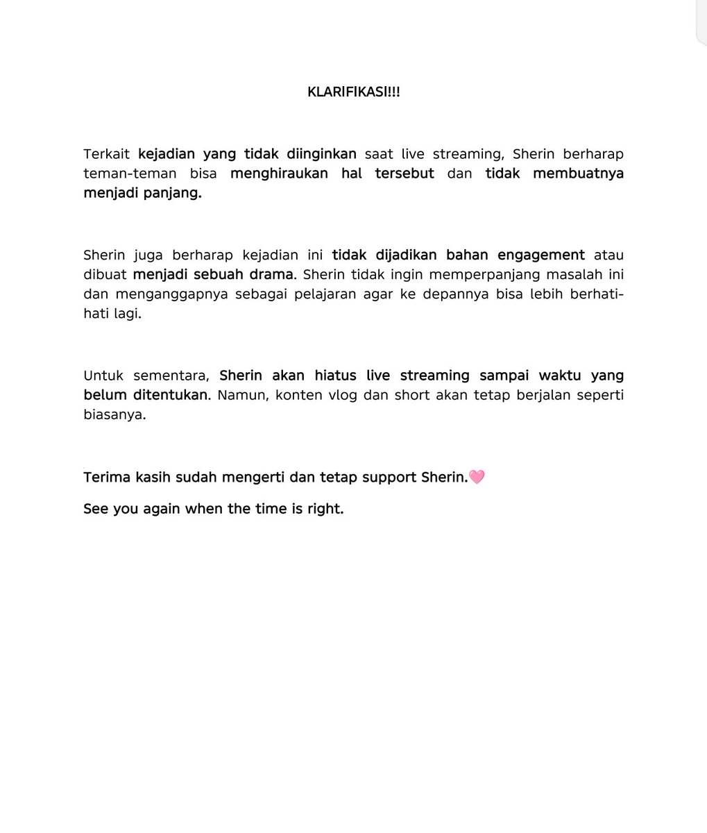 sherintila's tweet photo. Klarifikasi Sederhana dari Sherin untuk kalian yang tadi menonton live streaming Sherin, semoga tidak menjadi berkepanjangan. Sherin juga mau izin hiatus live streaming dulu ya, karna jujur hal tersebut cukup mengenai mental Sherin 🙏🏻 https://t.co/mgDsWWZv2z