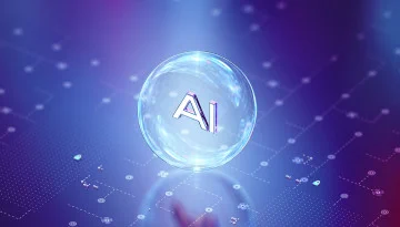 A glowing bubble with the letters "AI" in the center, set against a digital, circuit-like background. The color scheme includes shades of purple and blue, with dotted lines and small nodes scattered throughout.