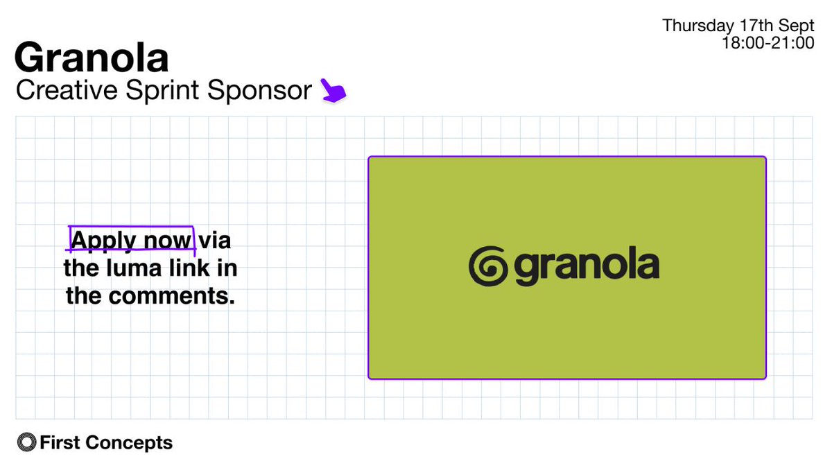 FirstConceptsFC's tweet photo. We’re teaming up with Granola for Creative Sprint 3.0 at Mother London. 

40 creatives will get the same live Granola brief and 90 minutes to take it from first thought to finished concept.
@MotherlondonA @meetgranola https://t.co/fa7t2G7h2l