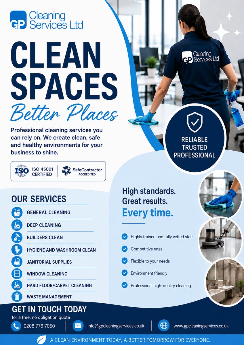 GPCleaning1's tweet photo. ✨ Clean spaces. Happy workplaces.

We provide reliable, professional commercial cleaning services to keep your business looking its best. 🧼🏢

📩 Get in touch today!

#CommercialCleaning #OfficeCleaning #CleaningServices #ProfessionalCleaning https://t.co/Vn8yPh8sdA
