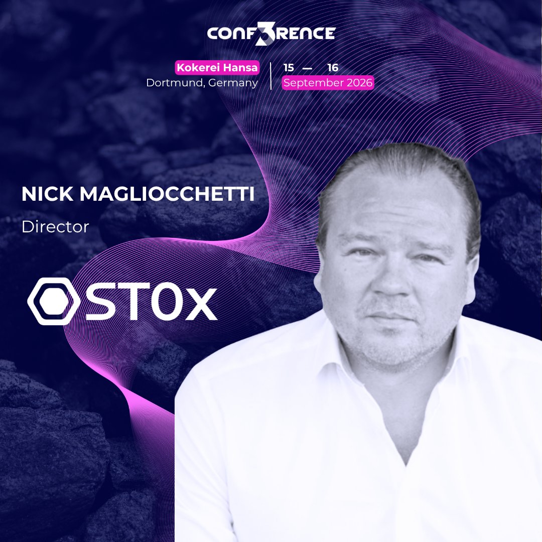 conf3rence's tweet photo. There are two ways to put equities on-chain. ST0x picked the harder one. Nick Magliocchetti is coming to CONF3RENCE 2026.

Co-founder of ST0x Technology and Managing Director of S01 Issuer GmbH. Instead of synthetics or an offshore Reg S route, they took a full EU Base Prospectus — approved by Liechtenstein's FMA in March 2026, passported into 10 EU host states. Tokens are regulated debt instruments with a contractual Right of Exchange to real shares in segregated custody, trading as permissionless ERC-20s on a non-custodial layer on Base. Live and trading.

15 & 16 September, Kokerei Hansa, Dortmund