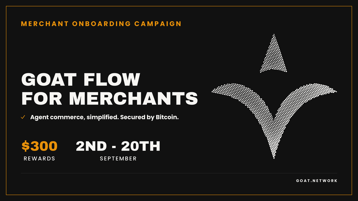 GOATNetwork's tweet photo. GOAT Flow is live. Now it's time to bring businesses in.

From the 2nd to the 20th of September, find a business that should be selling to agents and put GOAT Flow in front of them.

Pick a real business: a merchant, startup, creator, store, platform, or API provider. Post original content on X introducing them to GOAT Flow. Explain what it enables and how it fits their business, highlight the features that matter for them (Checkout, QuickPay, API Payments, card and crypto payments, x402), tag the business and @GOATNetwork, and include a link to https://t.co/yK6Im2fILj.

Up to 3 entries per person, each targeting a different business in a different content style, with only that one business tagged. The 5 best entries win $20 each, judged on quality, originality, relevance, and how well GOAT Flow is presented. 

If a business you introduced goes on to integrate GOAT Flow, a $200 bounty is yours once the GOAT team confirms the integration. To qualify, the business must be a real, active operation with a genuine use case and a working integration. The GOAT team makes the final call.

Find a business. Introduce GOAT Flow. Bring them into the agent economy.