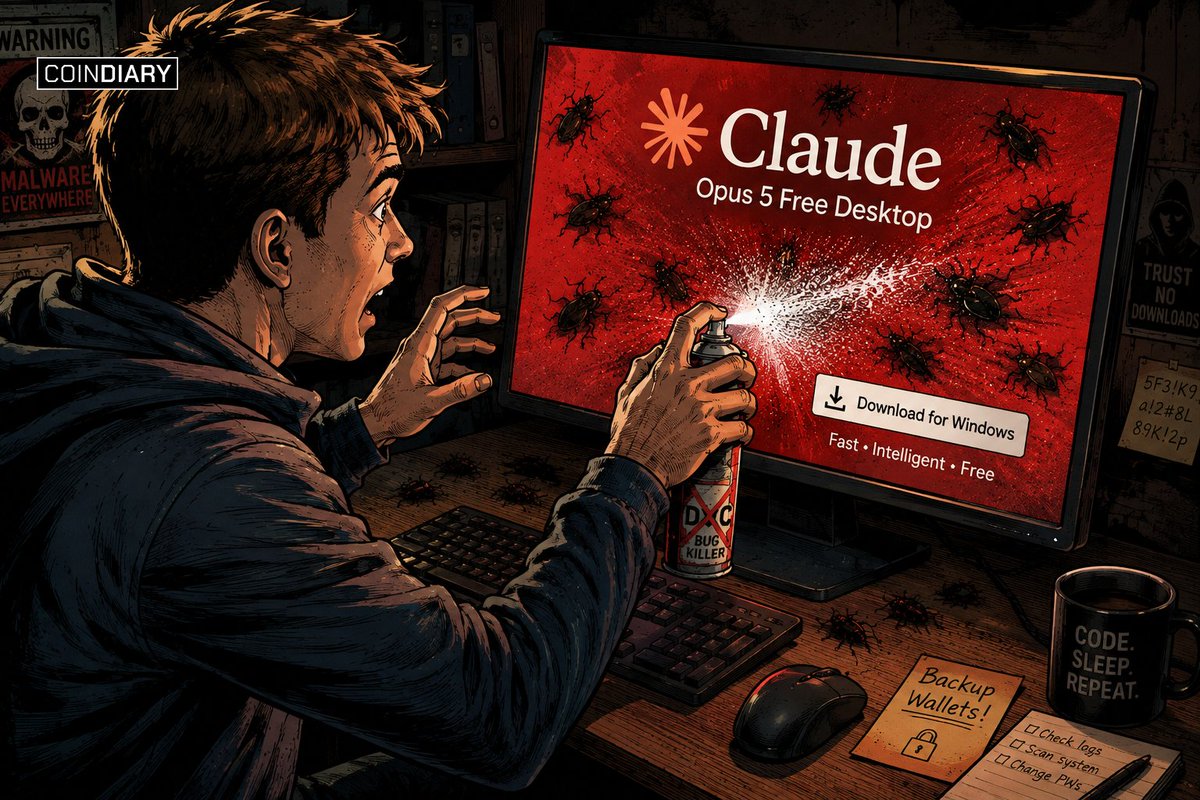 CoinDiaryApp's tweet photo. "Fake Claude Desktop App Used to Deploy Crypto-Stealing Malware"
Cybersecurity researchers have uncovered RevStealer, a stealthy malware targeting crypto users and digital assets. The malware was reportedly distributed through GitHub repositories, game-cheat websites and a fake “Claude Opus 5 Free Desktop” app impersonating Anthropic. RevStealer can target more than 50 cryptocurrency wallets, along with browser passwords, cookies, messaging data, VPN settings and selected documents. It also checks system details such as memory, CPU cores and graphics hardware to identify real user devices and evade analysis environments. If the system passes these checks, the malware decrypts and secretly executes its payload while attempting to leave minimal traces.
 The discovery comes alongside growing reports of malware targeting cryptocurrency investors and their digital assets.