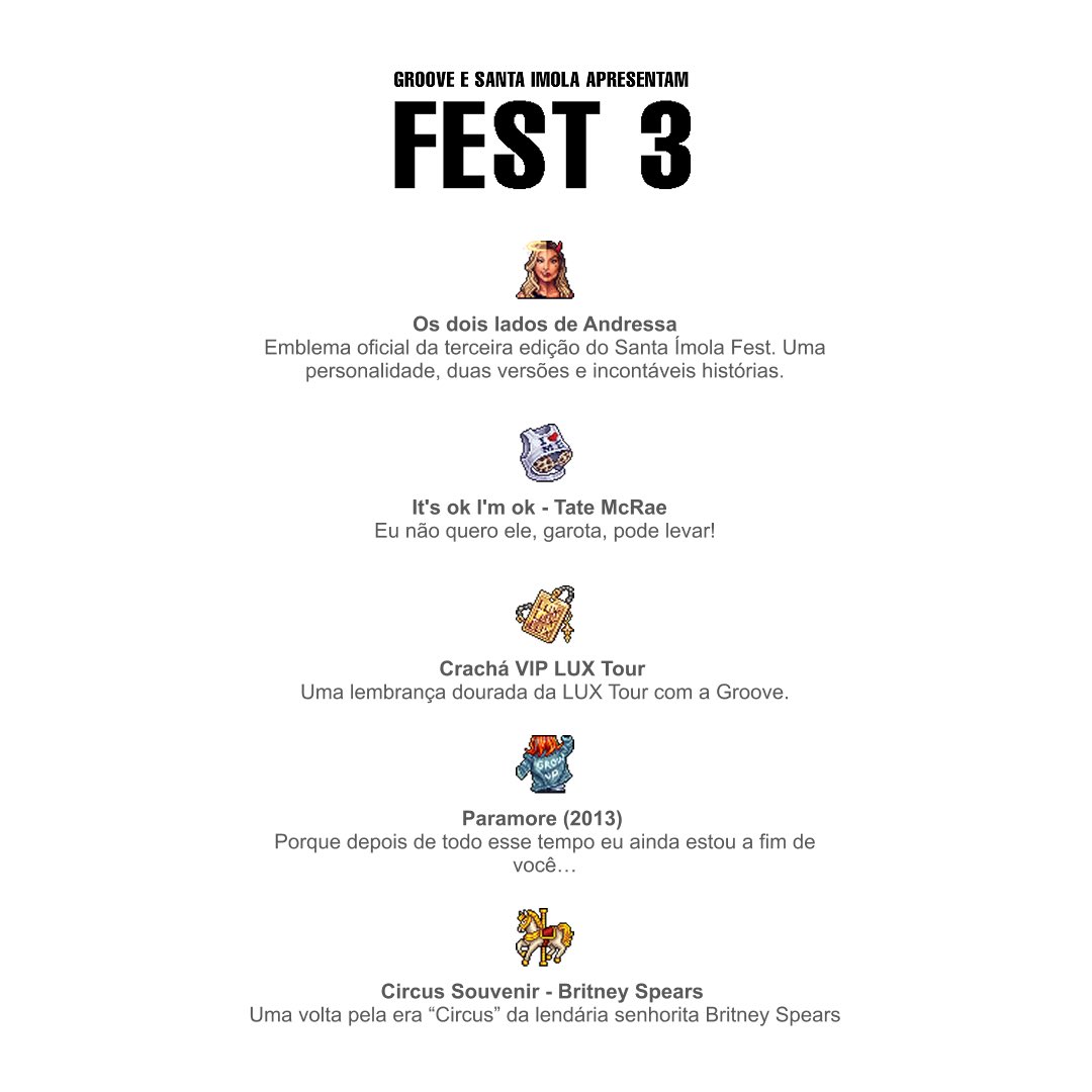 SantaImolaHB's tweet photo. 🎪 A COLEÇÃO OFICIAL DO FEST 3 CHEGOU!

Nós e a dona @GrooveHBT preparamos 5 emblemas lindos para essa edição.

De grandes momentos da música pop a referências da nossa Ímola, cada emblema tem uma história para contar.

Você vai conseguir todos? 

05 &amp; 06 DE SET no @MeuHabblet https://t.co/Nfr2oDA8du