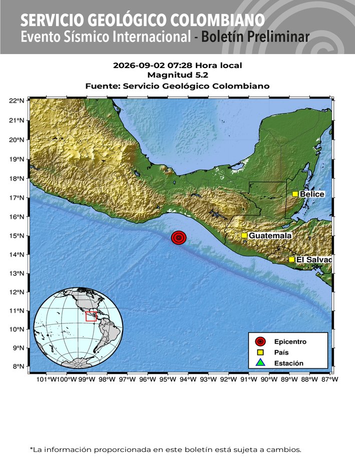 sgcol's tweet photo. #SismosColombiaSGC Evento Sísmico Internacional - Boletín Preliminar, 2026-09-02, 07:28 hora local. Magnitud 5.2. Profundidad superficial #NoticiaEnDesarrollo #Temblor #Sismo Más información: https://t.co/63pt8nVsSe https://t.co/rvzLXV7Mmn
