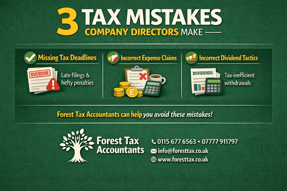 ForestTaxAcc's tweet photo. 3 SAI LẦM THUẾ MÀ GIÁM ĐỐC CÔNG TY THƯỜNG MẮC PHẢI
Trễ hạn nộp thuế – dẫn đến phạt nặng
Khai sai chi phí – rủi ro bị kiểm tra thuế
Chiến lược cổ tức không hợp lý – rút tiền không tối ưu về thuế
 07777 911797
📧 info@foresttax.co.uk
#ThuếDoanhNghiệp https://t.co/0C3qJzpfpr