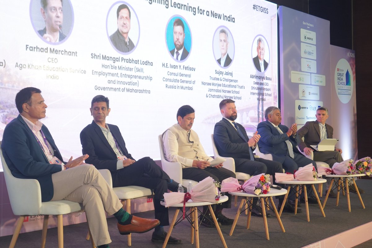 MPLodha's tweet photo. At the Economic Times Great India School Summit, I had the opportunity to engage with leading voices from India’s education sector and share my thoughts on building a more inclusive and future-ready education system.

I urged leading educational institutions to support local municipal schools, while giving greater emphasis to skill-based learning, our rich educational traditions, values and culture under the New Education Policy.

I also appealed to schools to actively join the ‘Drug-Free Mumbai’ campaign, bringing together teachers, parents and counsellors to protect our children and create a safer future for them.

The event saw the presence of H.E. Ivan Y. Fetisov, General, Consulate General of Russia in Mumbai; Dr. Niranjan Hiranandani – Co-founder and Chairman, Hiranandani Group; Sujay Jairaj, Trustee & Chairperson; Narsee Monjee Educational Trust's - Jamnabai Narsee School & Chatrabhuj Narsee School, Mumbai; Farhad Merchant, Chief Executive Officer, Aga Khan Education Service, India; Abhimanyu Basu, Dean and CEO, Dhirubhai Ambani International School, Mumbai; Vinay Sharma, Senior Vice President & Regional Director (South Asia), Cambridge University Press & Assessment.

@_ETEducation

#EconomicTimes #GreatIndiaSchoolSummit