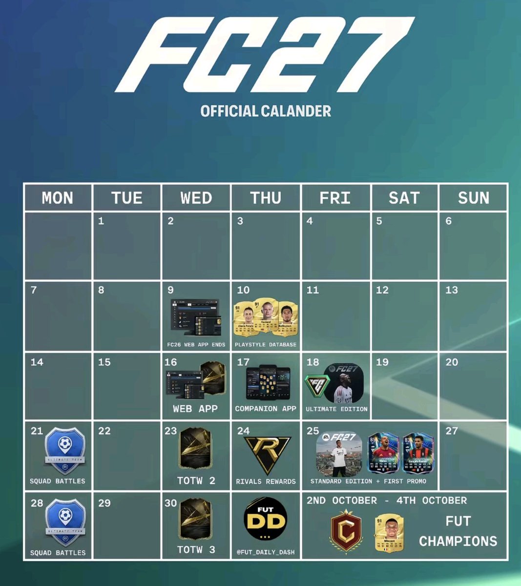 vitalstar27's tweet photo. 🗓 FC27 Calendar
#FC27 #fifa #wl #fut #ut #ultimateteam #фифа #easportsfifa #weekendleague #futchampions #fifasquads #fut27 #eafc #ea_fc #fifamemes #easportsfc #easportsfc27 #eafc27 #fc26 https://t.co/xCqTK8YIs0
