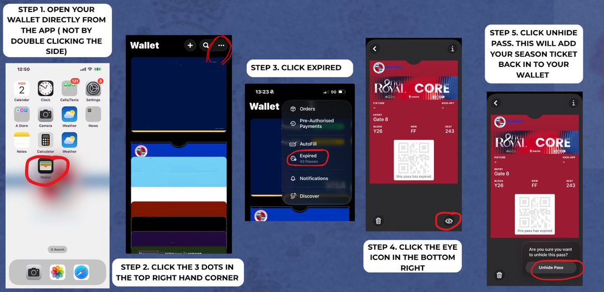 RFCSupport's tweet photo. 📱 iPhone Season Ticket Update

We’re aware that some supporters using iPhones may be unable to find their Season Ticket in their Apple Wallet following a recent Apple software update, which has affected automatic Season Ticket updates.

Please follow the short guide image below to move your Season Ticket back into your Wallet. 👇

Once restored, your pass may still display the Luton Town fixture. Please don’t worry — this will NOT affect your entry. We’ve confirmed that the ticket/pass itself has updated correctly, and it will scan as normal at the turnstile.

If you’d like to try and update the fixture name:

1️⃣ Open Apple Wallet
2️⃣ Select your Season Ticket
3️⃣ Tap the ••• in the top-right corner
4️⃣ Select Pass Details
5️⃣ Swipe down on the screen to refresh, you should see a spinning loading wheel
If the fixture name still doesn’t change, please don’t worry. Your Season Ticket will still scan normally at the turnstile.
Once it is back in the wallet, the pass will update as normal for our next home fixture against Blackpool Town. ⚽️