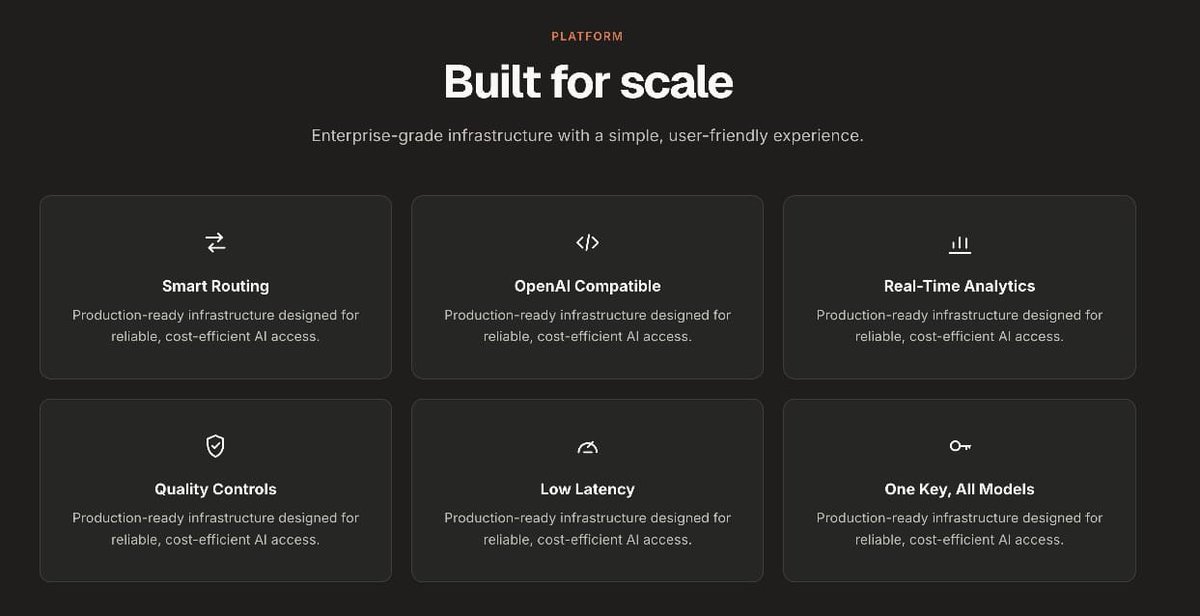 Echoes999Y's tweet photo. Juggling separate accounts, dashboards, and invoices for GPT, Claude, Gemini, and other models drains your budget quickly. 📉

https://t.co/t6RQAFWEuv consolidates 50+ models and 160+ competing providers into a single API key, one unified bill, and automatic failover. 

By routing every request at market rates, you typically pay 30–70% below official list pricing. Now your team can focus on shipping products instead of managing vendors. 🚀