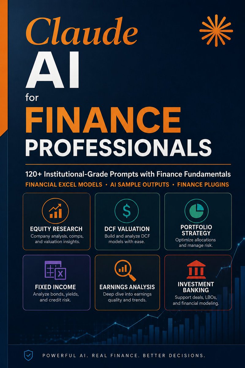 rakib_hossen_ai's tweet photo. Finance analysts waste HOURS on grunt work.

DCF models. Comp tables. Earnings summaries. Research memos.

I put together 120+ Claude prompts that compress that into minutes:
→ Equity research
→ DCF modeling
→ Fixed income analysis
→ Portfolio strategy
→ Earnings breakdowns
→ IB workflows
→ Excel automation

Normally $189.
FREE for 48 hours.
To get it:
1️⃣ Like
2️⃣ Repost
3️⃣ Comment "Ebook"
4️⃣ Follow (so I can DM it)