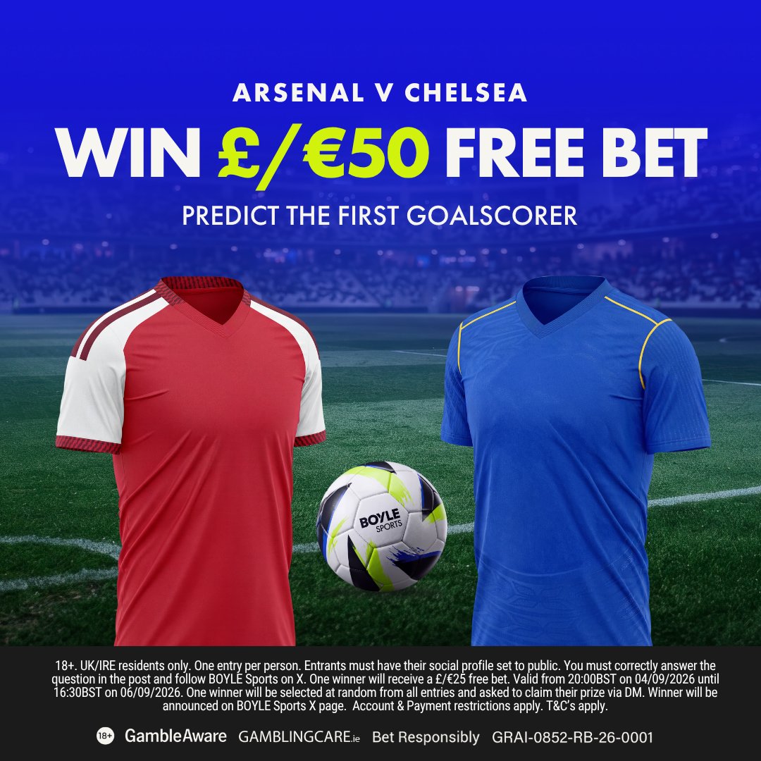 BoyleSports's tweet photo. Back Yourself and you could win a £/€50 Free Bet!

To enter:
⦿ Follow BOYLE Sports
⦿ Retweet this post
⦿ Predict the first goalscorer in Arsenal v Chelsea

Tap below for full terms &amp; conditions