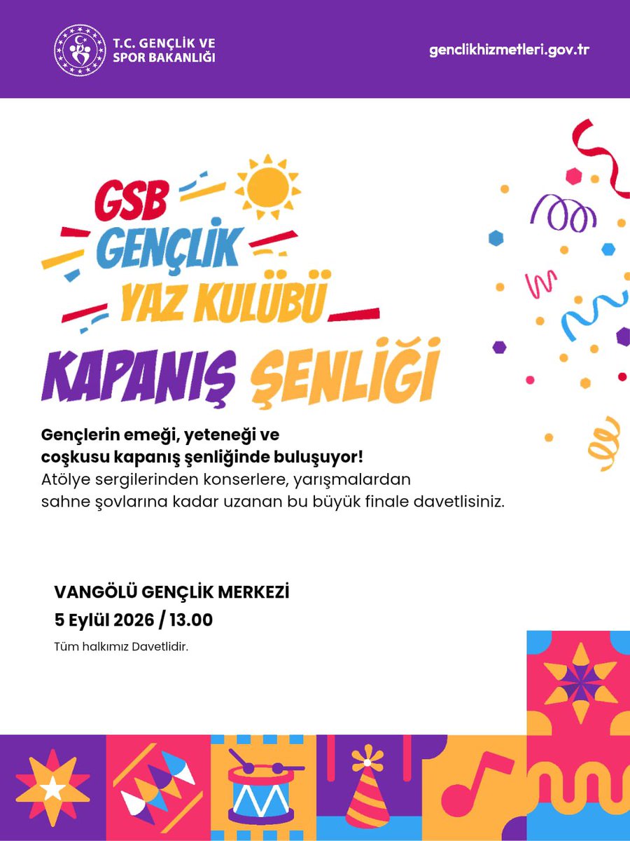 GSB_OzalpGM's tweet photo. Gençlerin emeği, yeteneği ve coşkusu bu büyük finalde buluşuyor! 🌟
​Atölye sergilerinden konserlere, yarışmalardan sahne şovlarına kadar dolu dolu geçecek GSB Gençlik Yaz Kulübü Kapanış Şenliği'ne davetlisiniz. Bekliyoruz!
​📅 5 Eylül Cumartesi | 13.00
📍 Vangölü Gençlik Merkezi https://t.co/ZZP2NG5ZGg