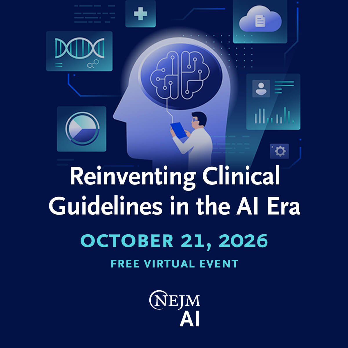 NEJM's tweet photo. Join @NEJM_AI for a free virtual event to explore how AI is reshaping guideline development and clinical decision-making. Hear from leading experts as they discuss how to harness the strengths of large language models while preserving clinician autonomy, minimizing bias, and ensuring that evidence—not algorithms alone—continues to guide patient care. View the speaker lineup and save your seat: https://t.co/3yyTTSjdzk