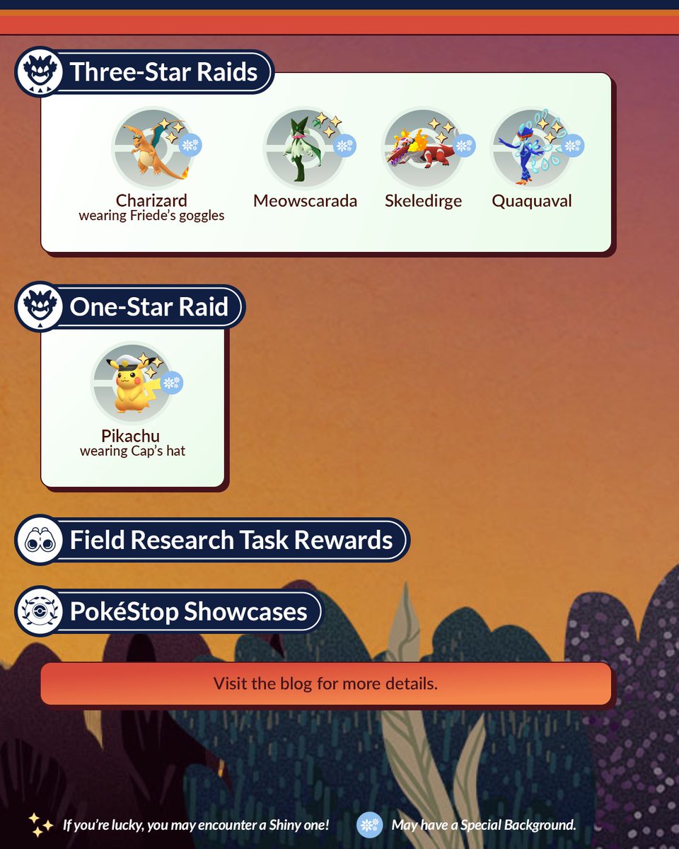 PokemonGoApp's tweet photo. Adventure is on the horizon! 🌄🤩

The “Pokémon Horizons: The Series” Celebration Event in #PokemonGO will feature new costumed Pokémon, event encounters, and more!

September 16 at 10:00 a.m. to September 22 at 8:00 p.m. local time

https://t.co/4FsvLb7Sp8 https://t.co/Pp74aWZcEe