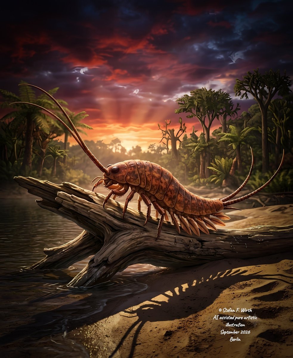 wirthstef's tweet photo. Direct #fossil #evidence regarding the #evolutionary #origin of #insects from #crustaceans has been investigated, and a new #species described.
It has long been known that insects evolved from crustaceans. #Phylogenetic #reconstructions based on comparative studies of #extant species already support this #evolutionaryscenario. But what did #basalinsects look like? This is where #paleontology comes into play, as it can significantly help evolutionary biologists better understand the "direction of changes" (German: "#Lesrichtung"), that is, which traits emerged step-by-step along an #ancestrallineage and in what #order. Relatively few fossils were previously known regarding the evolution of early insects, which must have possessed more distinct crustacean-like characteristics.
Authors E. Tihelka et al. (2026) described a fossil from the #TesnusFormation in #Texas (Late #Mississippian, approximately 324 million years ago) as a #newspecies, #Chosha #praecursor, establishing a new #genus for it. The animal exhibited a mosaic of ancestral #crustaceantraits and modern #insectcharacteristics. Overall, its body plan appears crab- or shrimp-like. This presumably amphibious early insect possessed leg-like #appendages on its abdomen, similar to crustaceans, several of which featured paddle-like extensions that served for swimming, respiration (as gills), or both. Insect-like features included, among others, three pairs of thoracal walking legs, a terminal filament, and an ovipositor.
My AI-assisted reconstruction does not claim to depict the animal with precise anatomical accuracy; rather, it serves as an artistic illustration of what the animal might have looked like. My artistic illustrations are based on both previously published reconstructions and an image of the fossil itself.
© #StefanFWirth, September 2026, Berlin
please support my science communication efforts: ko-fi 👇 link in my first answer
reference:
E. Tihelka et al. (2026):
DOI: 10.1038/s41586-026-10961-2 👇 link in my first answer
#illustrations:
© Stefan F. Wirth, AI-assisted artistic reconstruction based on my hand-drawn storyboard sketches, manually edited:
a three-dimensional reconstruction of an early insect inspired by *Chosha praecursor*; I emphasize that this is a purely artistic interpretation.