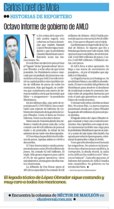 JJDiazMachuca's tweet photo. 🚨 UN DÍA LE DURÓ A CLAUDIA SHEINBAUM (@Claudiashein) SU INFORME DE MENTIRAS: HOY LE SACARON LA CUENTA.

Ayer Claudia nos contó que vivimos en el país de las maravillas. Hoy Carlos Loret de Mola (@CarlosLoret) le puso enfrente la factura del verdadero informe: el octavo año del gobierno de Andrés Manuel López Obrador (@lopezobrador_) y sus caprichos mantenidos con nuestro dinero.

🔴 Mexicana pierde $2.5 millones diarios, ya nos costó casi $40 mil millones y la mitad de sus asientos vuelan vacíos.

🔴 El Tren Maya acumula pérdidas por $14 mil millones y acaba de descarrilarse otra vez.

🔴 El Interoceánico iba a costar $20 mil millones y ya va en $62 mil millones. Sus ingresos apenas cubren el 3% de sus gastos; suma seis siniestros y el más grave dejó 14 muertos.

🔴 Dos Bocas costaría 8 mil millones de dólares, ya va en 21 mil millones y solamente opera al 41% de su capacidad.

🔴 Gas Bienestar prometía gas barato para todo México. Recibió una inversión inicial de $4,500 millones, acumula costos por $2,500 millones, apenas opera en nueve alcaldías y deja cero pesos de utilidad.

🔴 El AIFA lleva cuatro años sin alcanzar sus metas de pasajeros. Ni el Mundial pudo hacerle el milagro.

🔴 La Megafarmacia quedó abandonada. Fue tan “exitosa” que Sheinbaum ahora hará exactamente lo contrario: miles de pequeñas farmacias.

🔴 LitioMx no tiene litio, no extrae litio y no produce nada… pero ya gastó $40 millones en nómina. ¡Para cobrar sí resultaron buenísimos! 🤣

¡Qué eficiencia! No producen utilidades, gas, medicinas ni litio, pero las pérdidas y las nóminas llegan puntuales.

Y eso sin incluir narcopolítica, corrupción, deuda récord, caída en la calificación crediticia ni los resultados de “abrazos, no balazos”.

¿En qué página del informe de Claudia venía toda esta maravilla de la 4T que ayer nos contó?

Después de tantas mentiras, a la presidente de raíces lituanas ya le creció la nariz de Pinocho. 🤥
