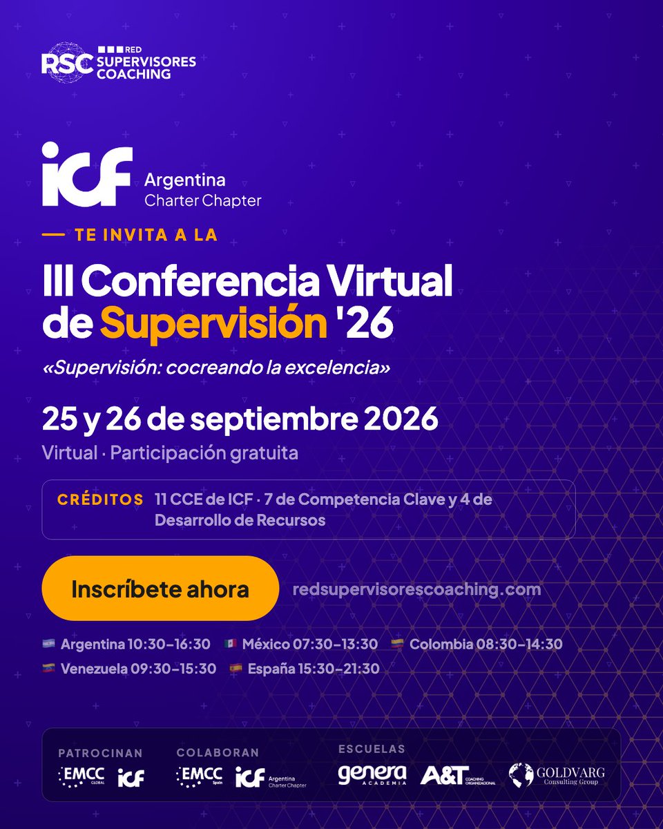 ICFArgentina's tweet photo. Supervisión: cocreando la excelencia.

📅 25 y 26 de septiembre · Virtual · Gratuita
🔗 Inscríbete aquí: https://t.co/A55JWE0jtW

#Supervisión #Coaching #Mentoring #SupervisiónDeCoaching #ICF https://t.co/EnqrPAUb59