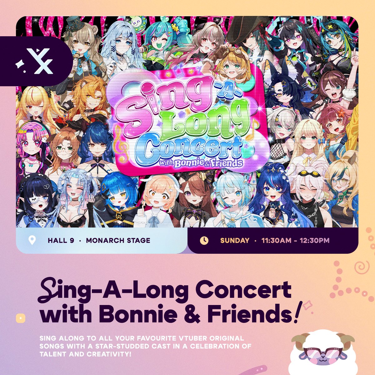 Vtuber_Expo's tweet photo. [Monarch Stage Announcement]

The scale isn’t the only thing thats MAJOR about this stage!!🎵

The dog-girl with the darn good vocals, Bonnie Barkswell (@BonnieBarkswell), has brought her pack and is taking over our Monarch Stage from 11:30AM-12:30PM on Sunday with a Sing-A-Long Concert!

Join 27 VTubers and howl along to a setlist crammed with original VTuber music. We’re cranking the volume to eleven! 🔊🐶

Stay out of treble until then and count the beats on our socials for more!

#VeXpo2026