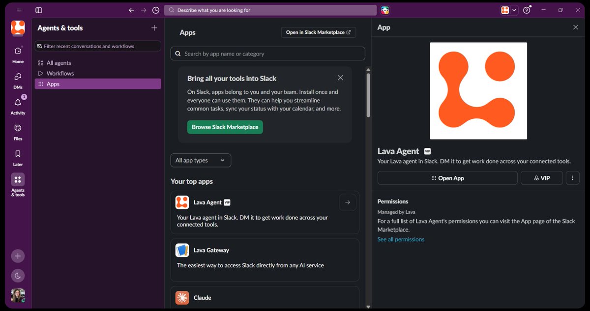 trylava's tweet photo. Your Lava agent already worked on your desktop. Now it also meets you in Slack.

One agent. Two ways to reach it.

Message it in a DM or mention it in a channel. It runs as you, with your tools. 

https://t.co/m4eSWrHLf8 https://t.co/DTNpoRcDwg