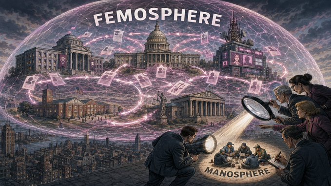 englishbounder's tweet photo. The Femosphere
Hiding in plain sight, Femosphere dwarfs the #manosphere and is far more dangerous.
Femosphere: every school, college, university, activist group, media outlet, social services, HR, legal company, EU, UN, etc. etc.
#masculinity #men #feminists #women #Karens https://t.co/nla4A07rRr