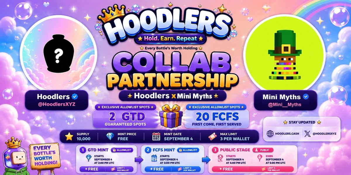 Mini__Myths's tweet photo. 🎁 @Mini__Myths twitter × @HoodlersXYZ COLLAB GIVEAWAY 🎁

We’re teaming up with Hoodlers! 👑🫧

🔥3 GTD spots
⚡ 20 FCFS spots
🆓 FREE MINT

📅 September 4
GTD — 2 PM UTC
FCFS — 3 PM UTC
Public — 4–5 PM UTC

To enter:

Follow @HoodlersXYZ + me
Like & repost
Drop your wallet below 👇

🌐 https://t.co/AfxxZZeM5P
🖼️ https://t.co/SAaJJZOd5D

Good luck! 🍀👑
@HoodlersXYZ