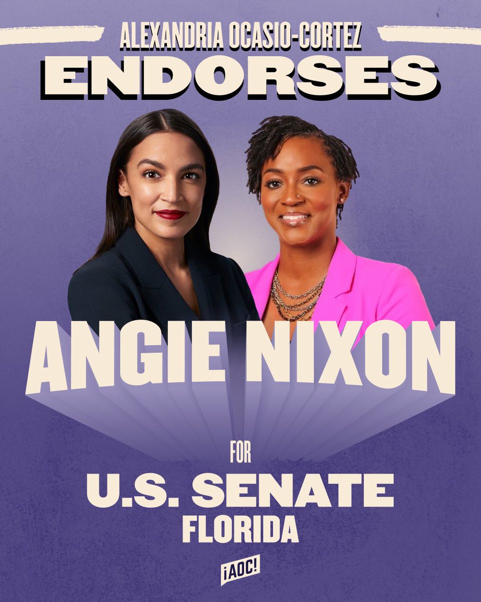 TeamAOC's tweet photo. .@AOC: “Angie will be an exemplary fighter for the working families of Florida. She did not get here by yielding to major political machines, she did it by building community power and fiercely committing to her values. That’s why I’m proud to endorse her for the U.S. Senate.” https://t.co/enp1VWgvsb