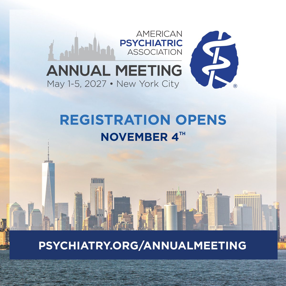 APApsychiatric's tweet photo. Stay current. Explore what’s next. Earn CME along the way. 
 
Join us for high-quality scientific and clinical education at #APAAM27, May 1–5 in NYC. 
 
Registration opens Nov. 4. Sign up for Annual Meeting Updates. 
https://t.co/aQlVuoku1r https://t.co/TzKcybeN1U
