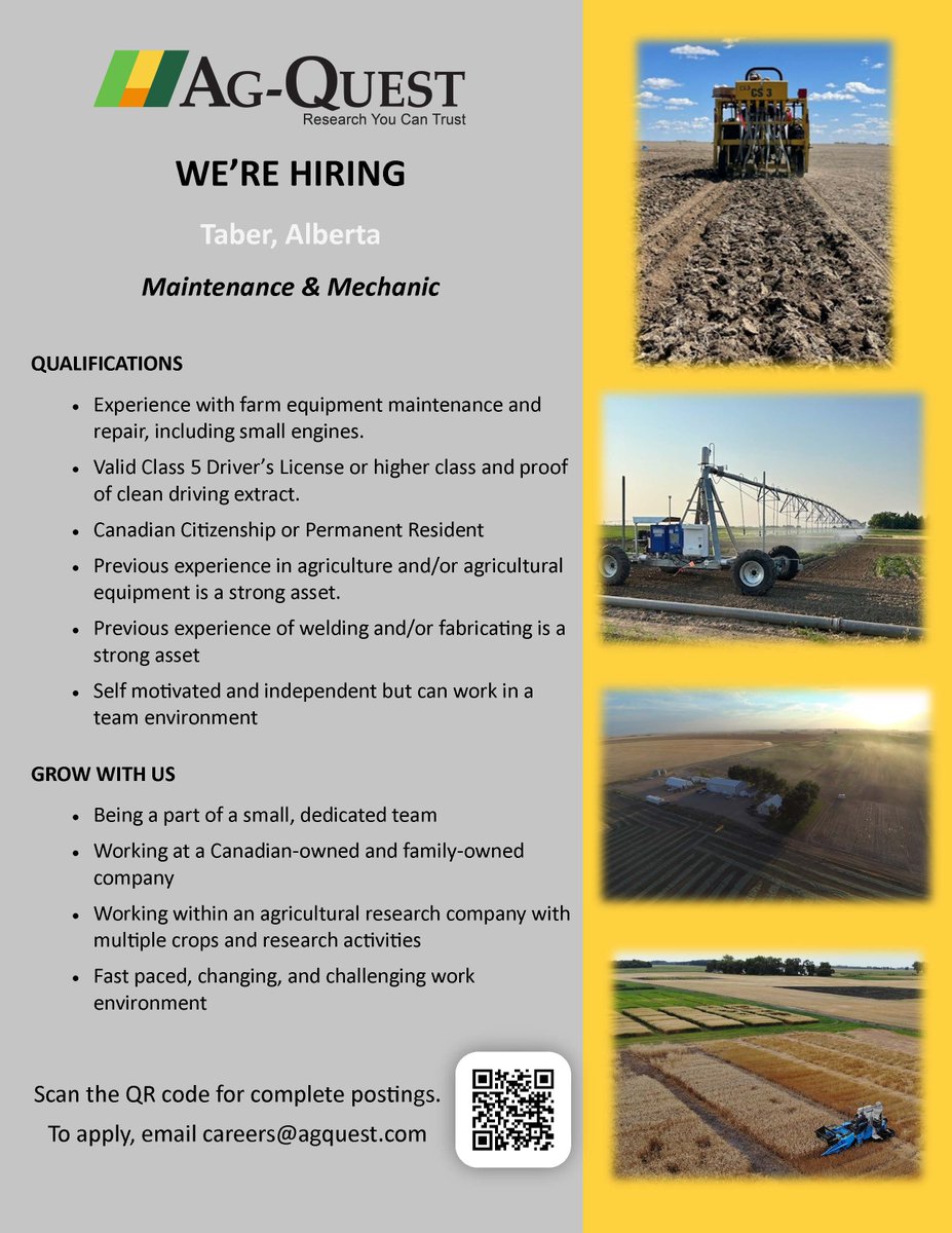 agquestresearch's tweet photo. Maintenance and Mechanic career opportunity at our Taber Research Station at Taber, Alberta. 
Please visit our website for complete postings at https://t.co/r3GHtnOKh6. https://t.co/j5uZVpWXRf
