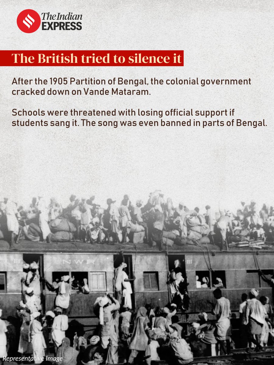 IndianExpress's tweet photo. #ExpressResearch | Vande Mataram was once sung by Hindu and Muslim protesters as a rallying cry against British rule during the Swadeshi movement. Historian Sumit Sarkar’s work traces how the song became a powerful symbol of anti-colonial resistance, Hindu-Muslim unity and, later, communal division.

Click on the 🔗 below to read the full article.
https://t.co/VdehSvxC0k

Written by: Arup K Chatterjee
Design by: Violina Bora