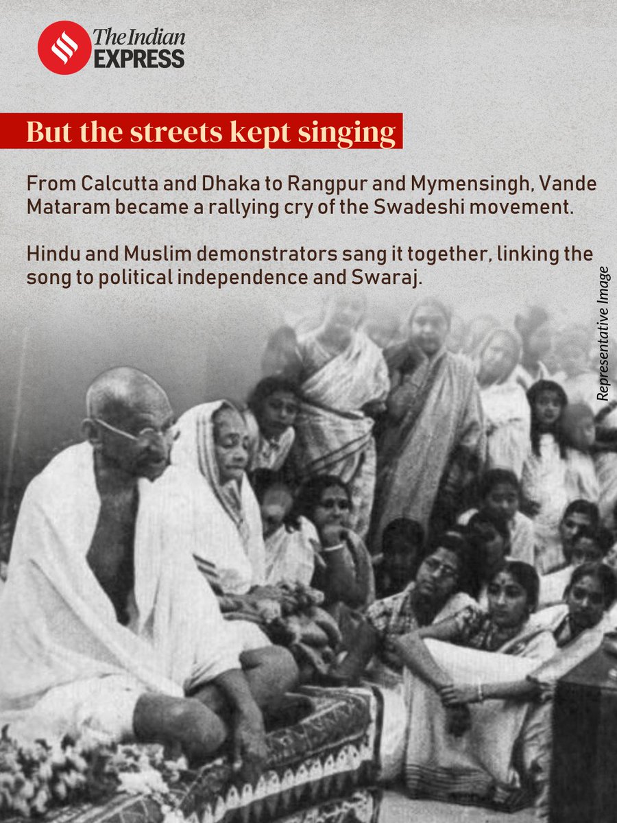 IndianExpress's tweet photo. #ExpressResearch | Vande Mataram was once sung by Hindu and Muslim protesters as a rallying cry against British rule during the Swadeshi movement. Historian Sumit Sarkar’s work traces how the song became a powerful symbol of anti-colonial resistance, Hindu-Muslim unity and, later, communal division.

Click on the 🔗 below to read the full article.
https://t.co/VdehSvxC0k

Written by: Arup K Chatterjee
Design by: Violina Bora
