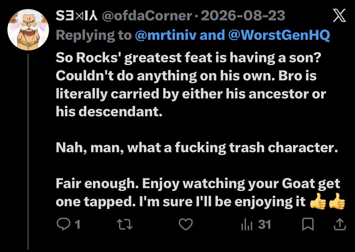 mrtiniv's tweet photo. @ofdaCorner @luffy_d_monki ain’t this you? now all of a sudden you
got rocks > prime beard 

yet you kept tryna argue about how it’s gaban > rocks 

unless you think roger’s 2nd - 3rd man is stronger than roger’s equal… https://t.co/FBFHXuHCdS