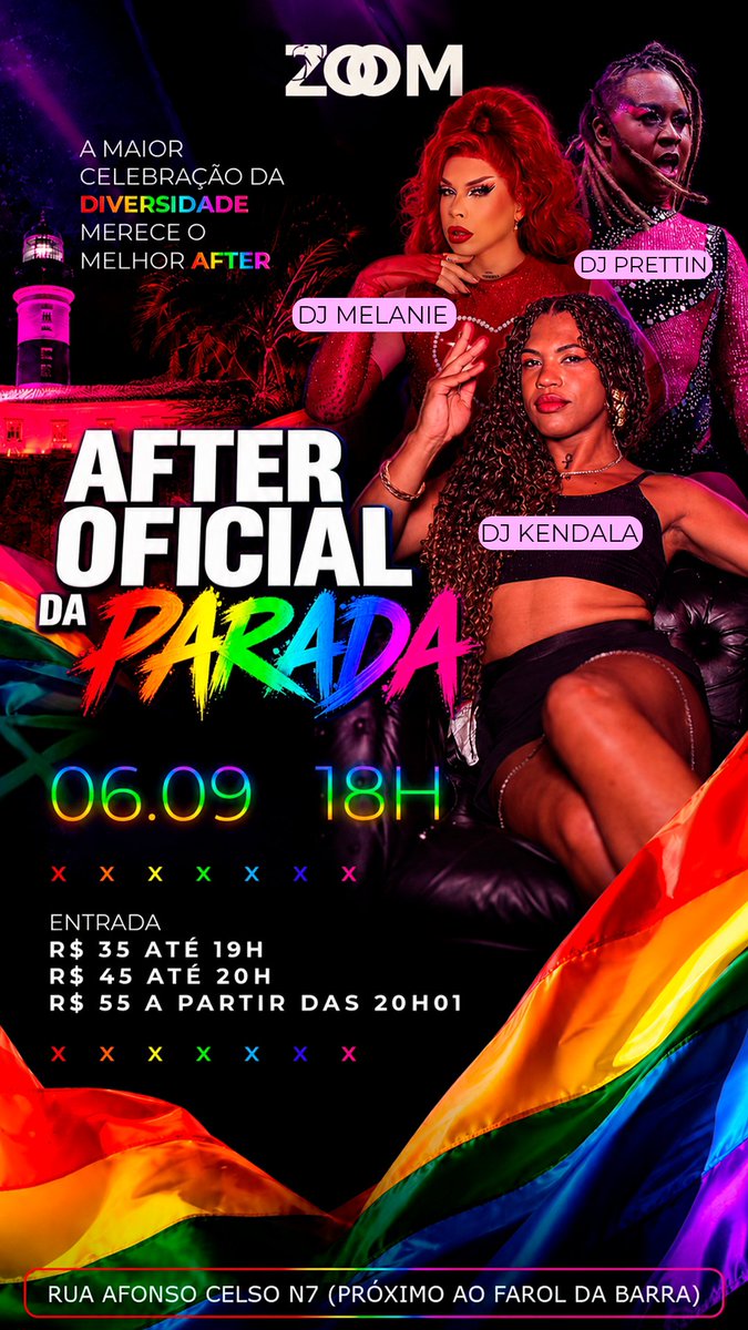 zoomgaybar's tweet photo. AFTER OFICIAL DA PARADA LGBTQIA+ NA ZOOM!

A maior celebração da diversidade merece o melhor after e vai ser aqui! 🏳️‍🌈🎉

📍 06.09 (domingo) – 18h | Barra
🎟️ R$ 35 até 19h | R$ 45 até 20h | R$ 55 a partir das 20h01

DJs confirmados:
🎶 DJ Prettin
🎶 DJ Melanie
🎶 DJ Kindala

Vem celebrar com a gente! 🔥