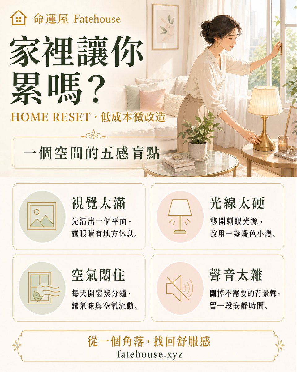 fatehouse0103's tweet photo. 低成本改造，不一定要買東西。

先看一個角落：
視覺太滿？清出一個平面。
光線太硬？換一盞暖色小燈。
空氣悶住？開窗幾分鐘。
聲音太雜？關掉背景聲。

空間不必完美，先令自己多一點呼吸感。#居家風水 #居家整理 #空間療癒 https://t.co/g8TgjCqQRb