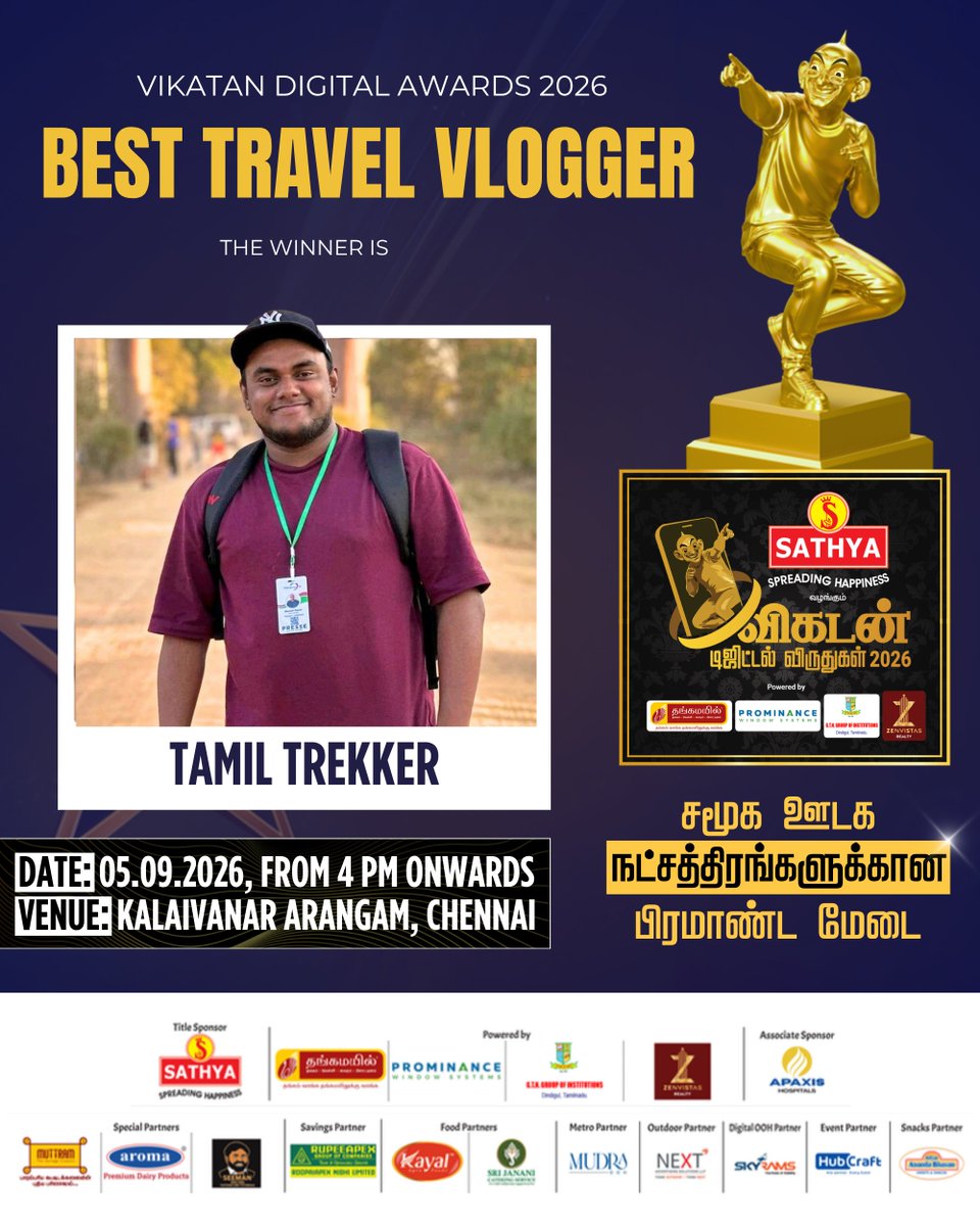 vikatan's tweet photo. Best Travel Vlogger - Tamil Trekker

கைப்பையையும் கேமராவையும் மட்டுமே துணையாகக் கொண்டு உலக வரைபடத்தின் மூலை முடுக்கெல்லாம் தனியாளாகப் பயணிக்கும் துணிச்சல் தமிழ் டிரெக்கர் புவனிதரனின் பலம்! வட கொரியா முதல் ரஷ்யா வரை, ஆப்பிரிக்காவின் விசித்திர கலாசாரங்கள் முதல் பனிப்பிரதேசங்கள் வரை... 'தமிழ் டிரெக்கர்' தடம் பதிக்கும் ஒவ்வொரு எபிசோடும் ஒரு த்ரில்லிங் சினிமா காட்சிக்கு இணையானது. லிஃப்ட் கேட்டுப் பயணம், கூட்ஸ் வண்டியில் பயணம், எளிய பட்ஜெட் டிராவல், வெவ்வேறு நிலப்பரப்புகளின் மனிதர்களோடு உரையாடல் எனத் தமிழ் பேசியே உலகத்தைச் சுற்றிப் பார்க்க முடியும் என நிரூபித்தவர். உலக அனுபவங்களை நம் வரவேற்பறைக்கே கொண்டு வரும் Tamil Trekker சேனலுக்கு Best Travel Vlogger விருதினை வழங்கிப் பெருமை கொள்கிறது விகடன்!

#TamilTrekker | #VikatanDigitalAwards2026 | #VikatanDigitalAwards | #VikatanAwards