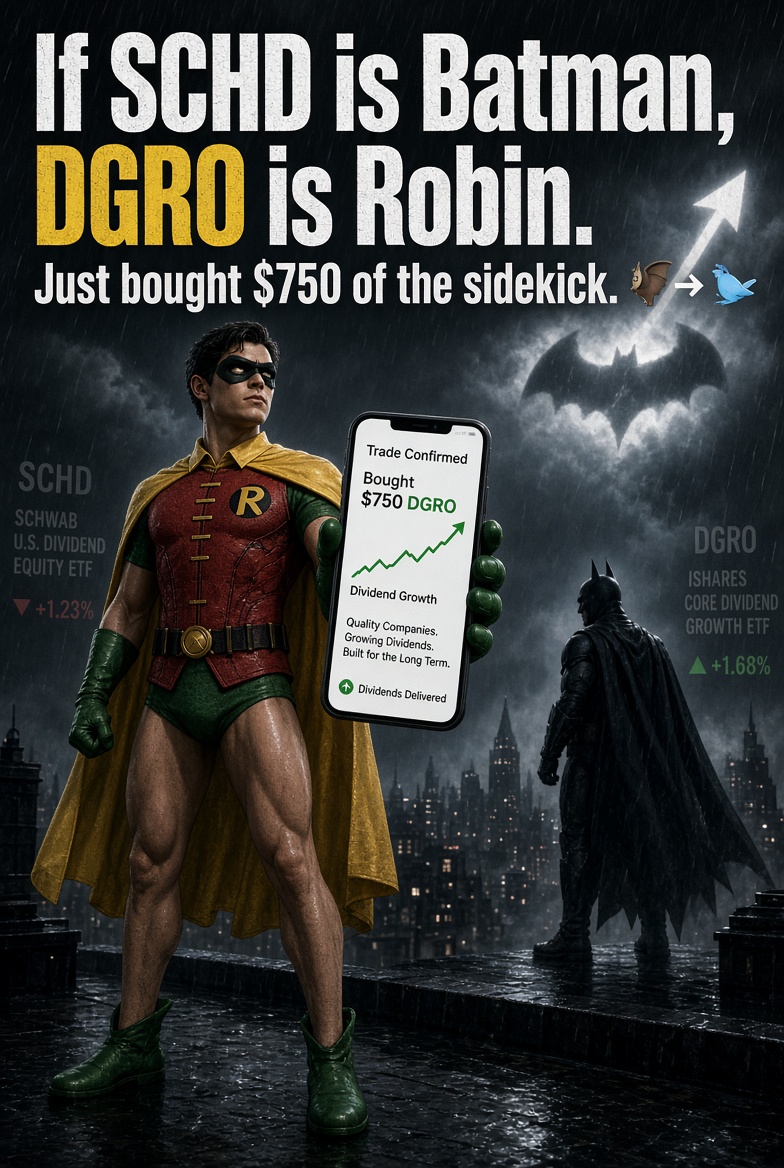SCHDBuilder's tweet photo. If SCHD is Batman, DGRO is Robin.
Just bought $750 of the sidekick. 🦇➡️🐦
#DGRO #SCHD #Dividends https://t.co/zUJ443yHFH