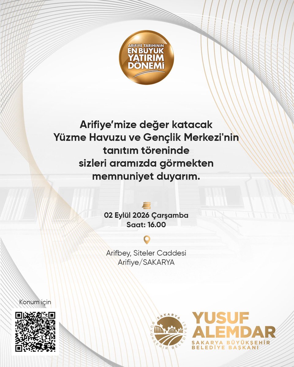IsmailPARLIK's tweet photo. Sakarya Büyükşehir 
Belediye Başkanı 
SnYusuf Alemdar
Yapımını tamamladığımız
Arifiye Yüzme Havuzu
Ve Gençlik Merkezi
tanıtım töreni;
🗓️ 2 Eylül Çarşamba
⏰ 16:00
Tüm hemşehrilerimiz davetlidir
@sbYusufAlemdar
@mustafademir
@i_karakullukcu
@cetin37963
@ahmetsafiturk
@veyselunlu54 https://t.co/X3dGWgAbgD