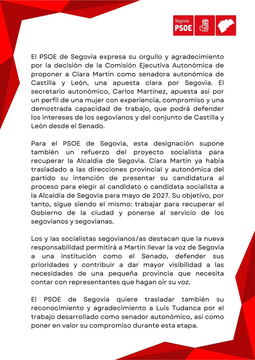 PSOEdeSegovia's tweet photo. 🌹 @ClaraMartnGarca, propuesta como senadora autonómica por @PSOE_CyL

Una apuesta por Segovia y por seguir defendiendo los intereses de los segovianos y segovianas. 🗣️

Y con un objetivo claro: recuperar la Alcaldía de Segovia en 2027.

COMUNICADO⤵️
https://t.co/uzCkve7ptp https://t.co/XrkpQcJFW9