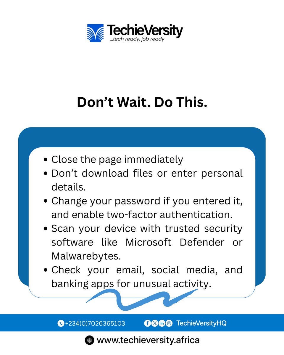TechieVersityHQ's tweet photo. Clicked a suspicious link? Don’t panic, but don’t ignore it either.

A suspicious link doesn’t always mean your device has been compromised, but acting quickly can help reduce the risk.

What you do next can help protect your accounts, device, and personal information.

Save this post and share them with someone who needs to see them.

#techieversity #techsafety #cybersecurity #digitalsafety #techtips