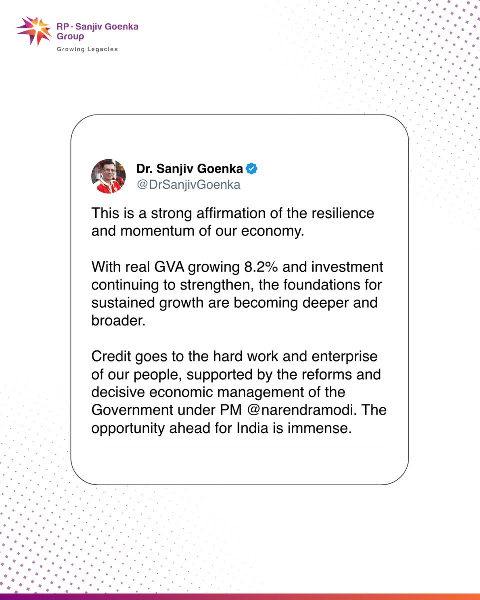 rpsggroup's tweet photo. India’s economy continues to demonstrate resilience amid a complex global environment.

Hon’ble Prime Minister Shri @narendramodi has lauded India’s exemplary GDP growth of 7.8% in Q1 FY 2026–27. 

@DrSanjivGoenka, Chairman, RPSG Group, and @shashwatgoenka, Vice Chairman, RPSG Group, share their perspectives on what this growth signals for India’s economic trajectory.

@mygovindia 

#IndianEconomy #GDPGrowth #EconomicGrowth #RPSGGroup