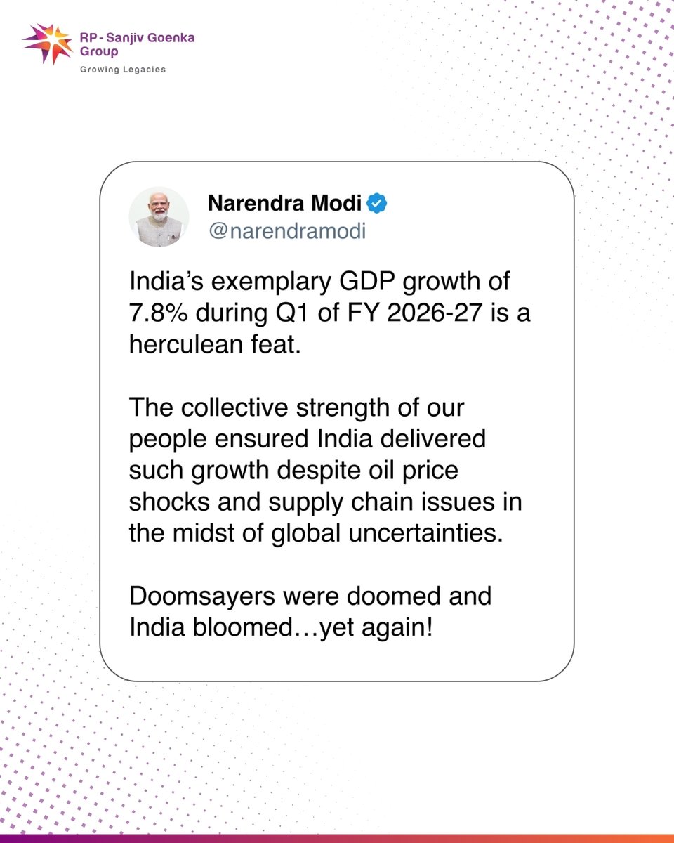 rpsggroup's tweet photo. India’s economy continues to demonstrate resilience amid a complex global environment.

Hon’ble Prime Minister Shri @narendramodi has lauded India’s exemplary GDP growth of 7.8% in Q1 FY 2026–27. 

@DrSanjivGoenka, Chairman, RPSG Group, and @shashwatgoenka, Vice Chairman, RPSG Group, share their perspectives on what this growth signals for India’s economic trajectory.

@mygovindia 

#IndianEconomy #GDPGrowth #EconomicGrowth #RPSGGroup