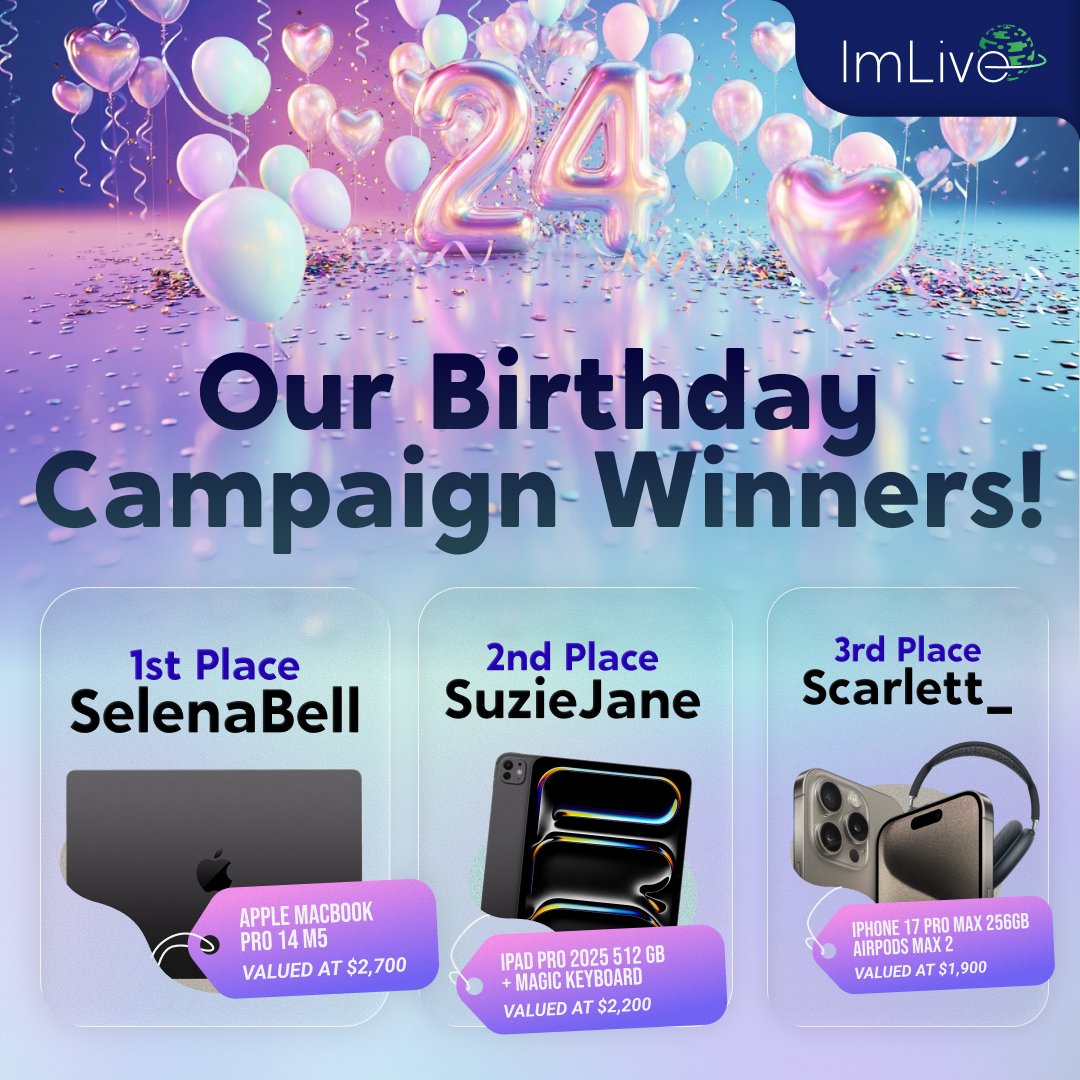 ImLiveCom's tweet photo. 🎉🎂 CONGRATULATIONS TO OUR 24TH BIRTHDAY CAMPAIGN WINNERS! 🎂🎉

A huge CONGRATULATIONS to all of our amazing winners! 🏆✨

Thank you for being part of the ImLive community and for celebrating our 24th Birthday with us! 💫

 #24thBirthday #BirthdayCampaign #CampaignWinners https://t.co/jKPRK4B0F1