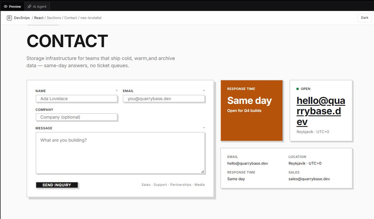 _sarthak_buddy's tweet photo. Today i added the CONTACT section in React :
> Available in 4 designs
> consistent design token
> tailwind made
> fully adaptability
Day 27 of building devsnips #day27 #dailycode #buildinpublic https://t.co/BuGd08zQOD