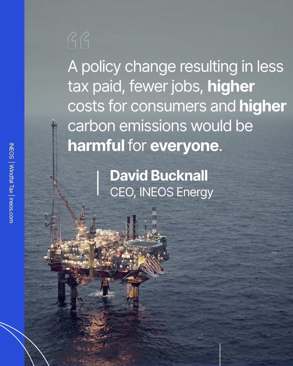 INEOS's tweet photo. The UK should be backing domestic energy production, not making it harder to invest.

In today's Daily Telegraph, our CEO of INEOS Energy, David Bucknall, explains why increasing the windfall tax on North Sea oil and gas risks undermining investment in the UK's energy future.

Read more: https://t.co/YzOg69lGkT