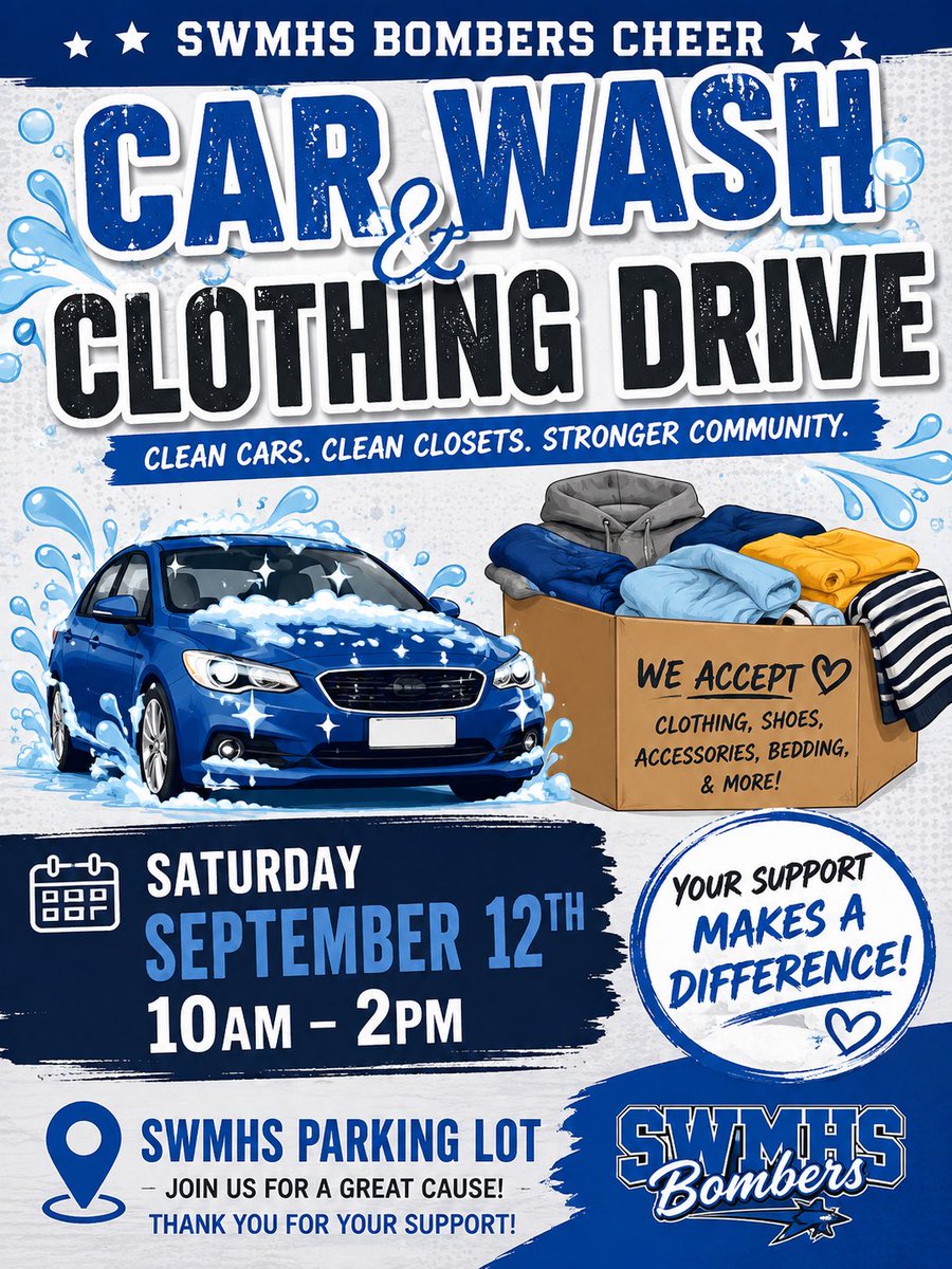 SWMHS_Cheer's tweet photo. Support the SWMHS cheerleaders 📣 at our car wash and clothing drive! All proceeds help our Game Day team on their road to Nationals in Florida! @SWMHSAthletics @Sayrevillek12 @SWMHSbombers https://t.co/CttMmVA8HJ